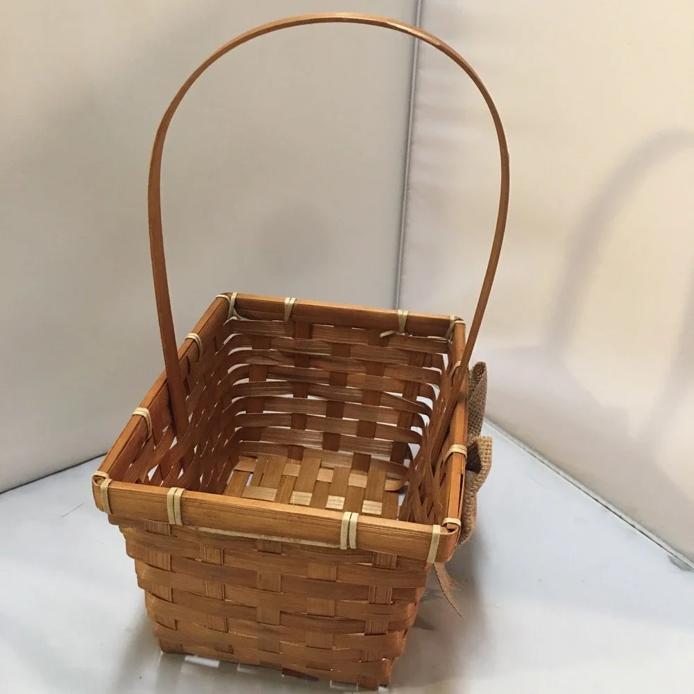 Woven Wood Basket Unisex Small Brown‎ Burlap Bow Rustic Decor Farmhouse